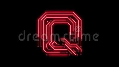 动画红色霓虹灯发光字母字母Q作为电路板风格